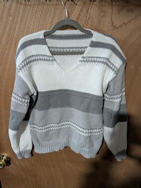 SHEIN White & Gray Striped V-Neck Knit Sweater